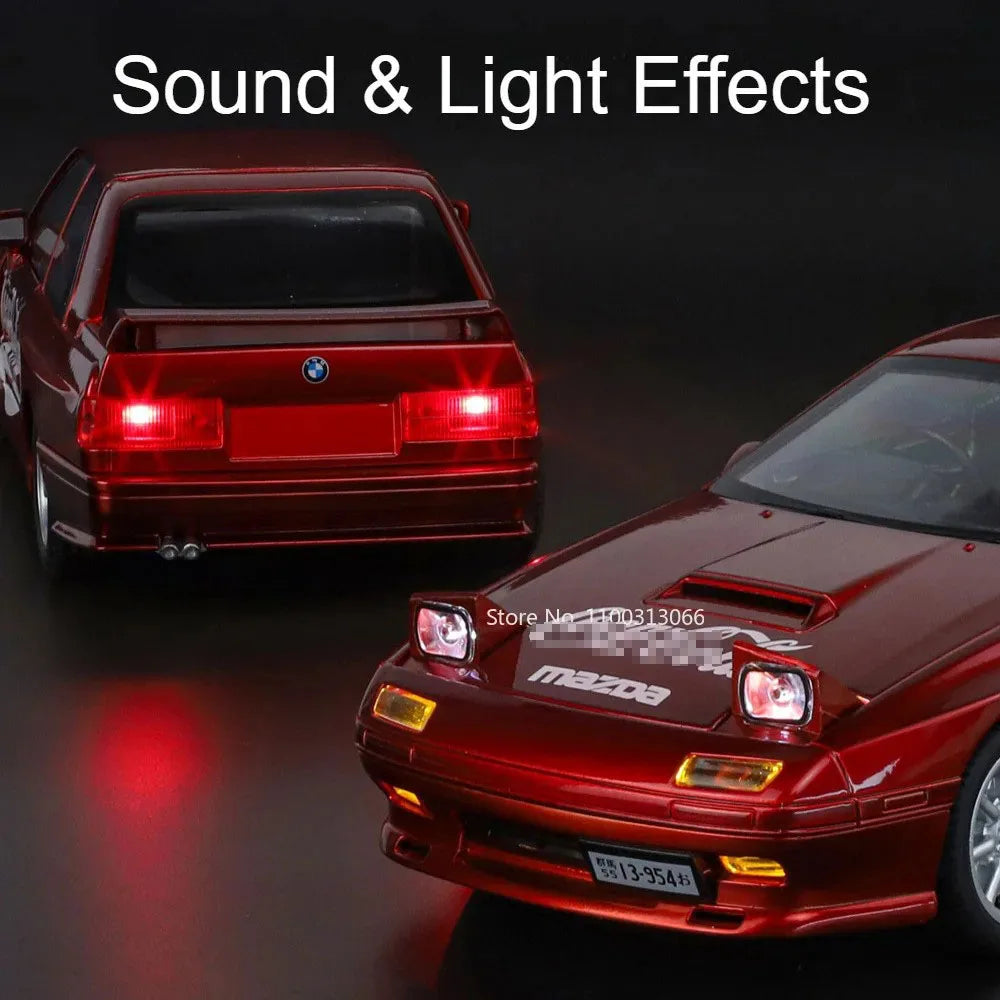 1:24 M3 RX7-FC Models Cars Toy Alloy Diecast 4 Doors Opened Miniature Car with Light Music Vehicle Boys Festival Gifts