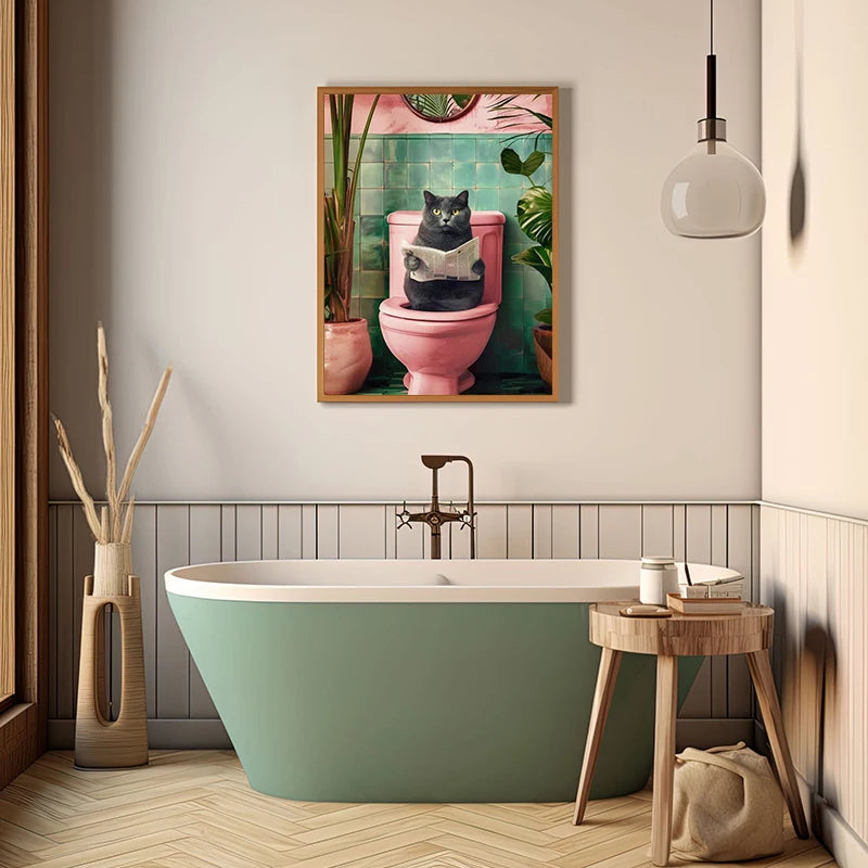 Funny Toilet Animals Black Cat Dog Flamingo Bear Tiger Reading Newspaper Poster Canvas Painting Wall Art Pictures Bathroom Decor