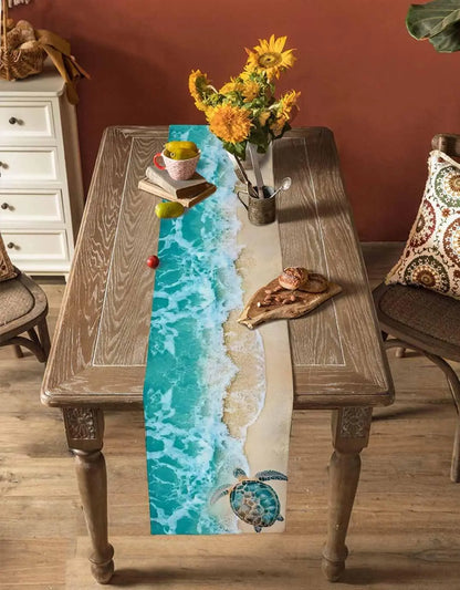 Turquoise Sea Turtle Beach Wave Linen Table Runner Holiday Party Decor Summer Ocean Turtle Table Runners for Kitchen Table Decor