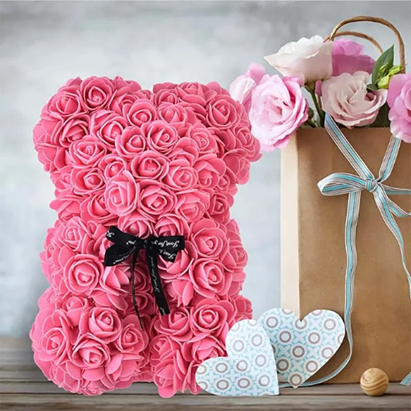 25cm Artificial Teddy Rose Flower Bear with Box Romantic Valentines Day Gift Girlfriend Women Anniversary Wedding Party Supplies