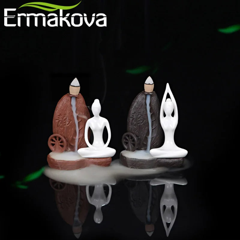 ERMAKOVA Ceramic Incense Burner Backflow Yoga Girl Censer Incense Cones Burner Towel Incense Stick Holder Home Yoga Studio Decor