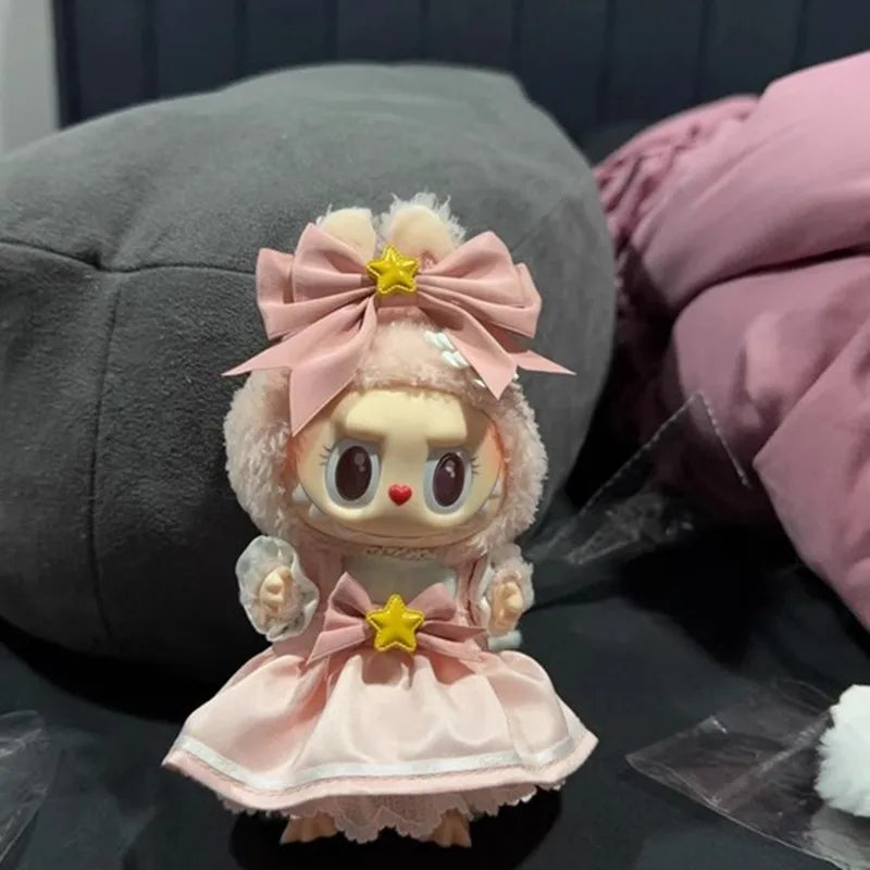 Clothes for Labubu 17cm Outfit Accessories for The Monsters Clothing Kid Gift Bow Pink Sakura Set Dress and Hairpin