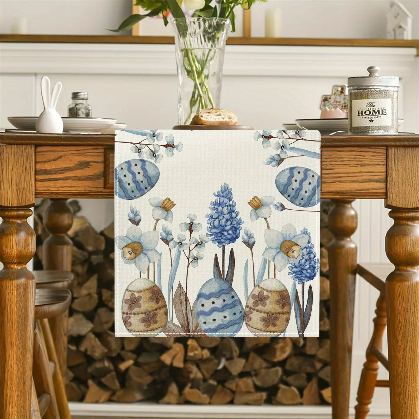 Easter Blue Eggs Flowers Linen Table Runner Easter Decorations Spring Floral Botanical Table Runners Dresser Scarf Table Decor