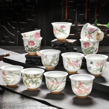 Kung Fu Tea Cup Twelve Flower Gods Set Enamel Pastel Ceramics 12 Pieces Gift Box Host’s Ceramics & Pottery Chinese Teaware