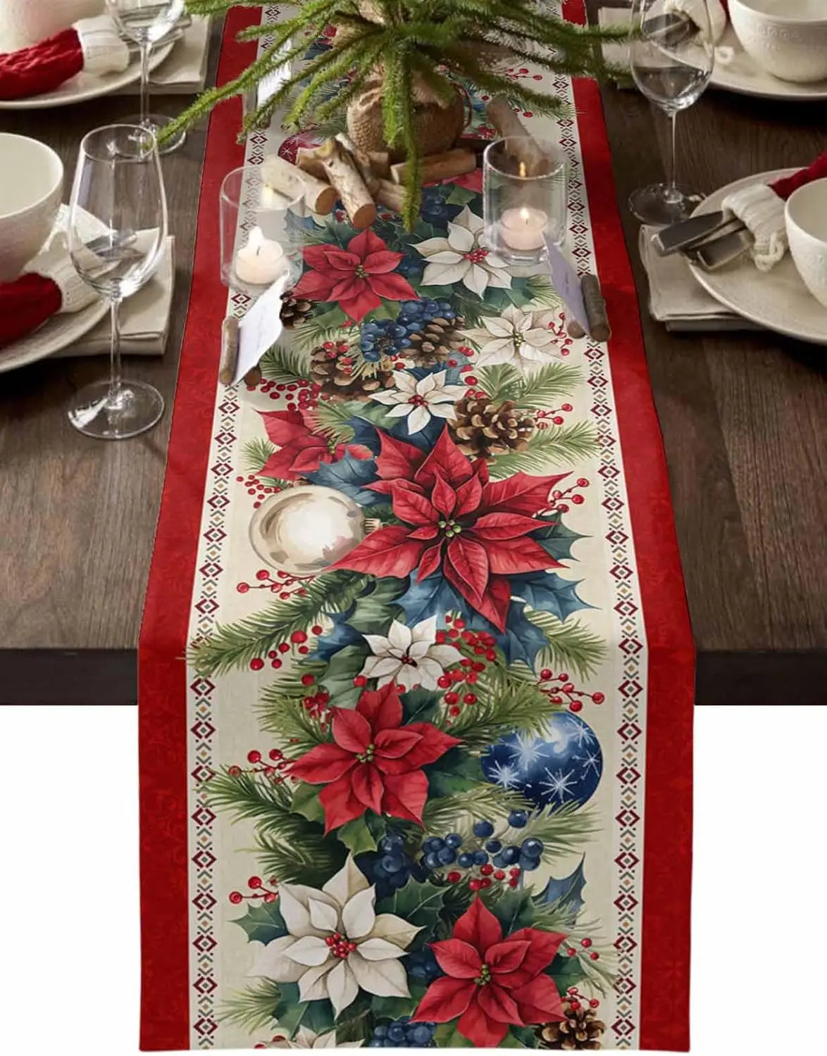 Christmas Poinsettia Flower Blue Balls Linen Table Runner Party Decor Winter Xmas Botanical Table Runners Christmas Decorations