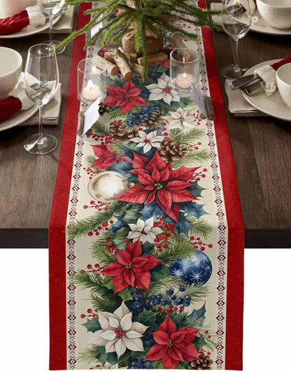 Christmas Poinsettia Flower Blue Balls Linen Table Runner Party Decor Winter Xmas Botanical Table Runners Christmas Decorations