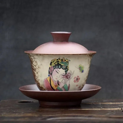 Handmade Ceramic Gongfu Tea Set, Chinese Bohemian Lid Bowl & Saucer, 170ml; Capacity, Artistic Tea Cup for Traditional Ceremony