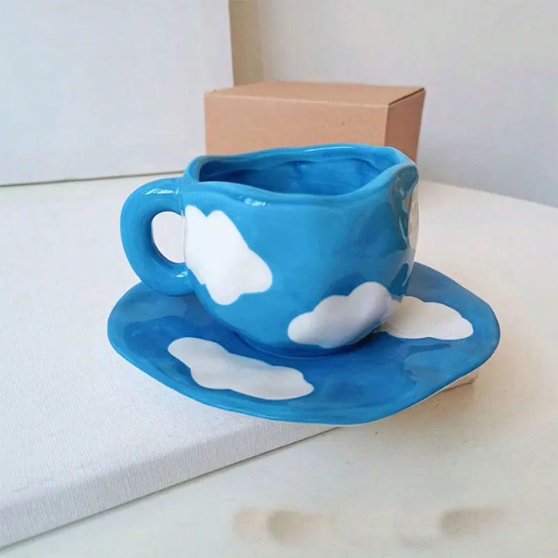 1 ensemble tasse en céramique bleu ciel et nuages ​​blancs avec plateau fleur peint à la main rayé tasse en céramique et ensemble d'assiettes ensemble de tasse à café