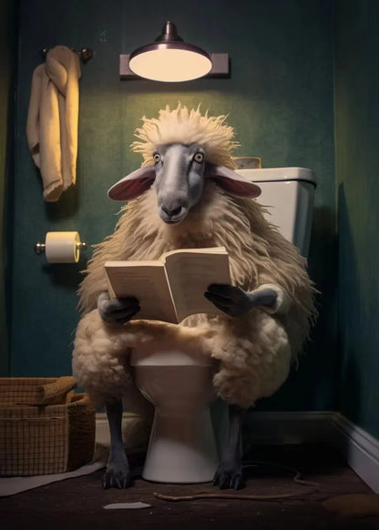 Highland Cow Sheep Mouse Sitting on The Toilet Reading Newspaper Poster Animal Print Canvas Painting Funny Bathroom Wall Decor