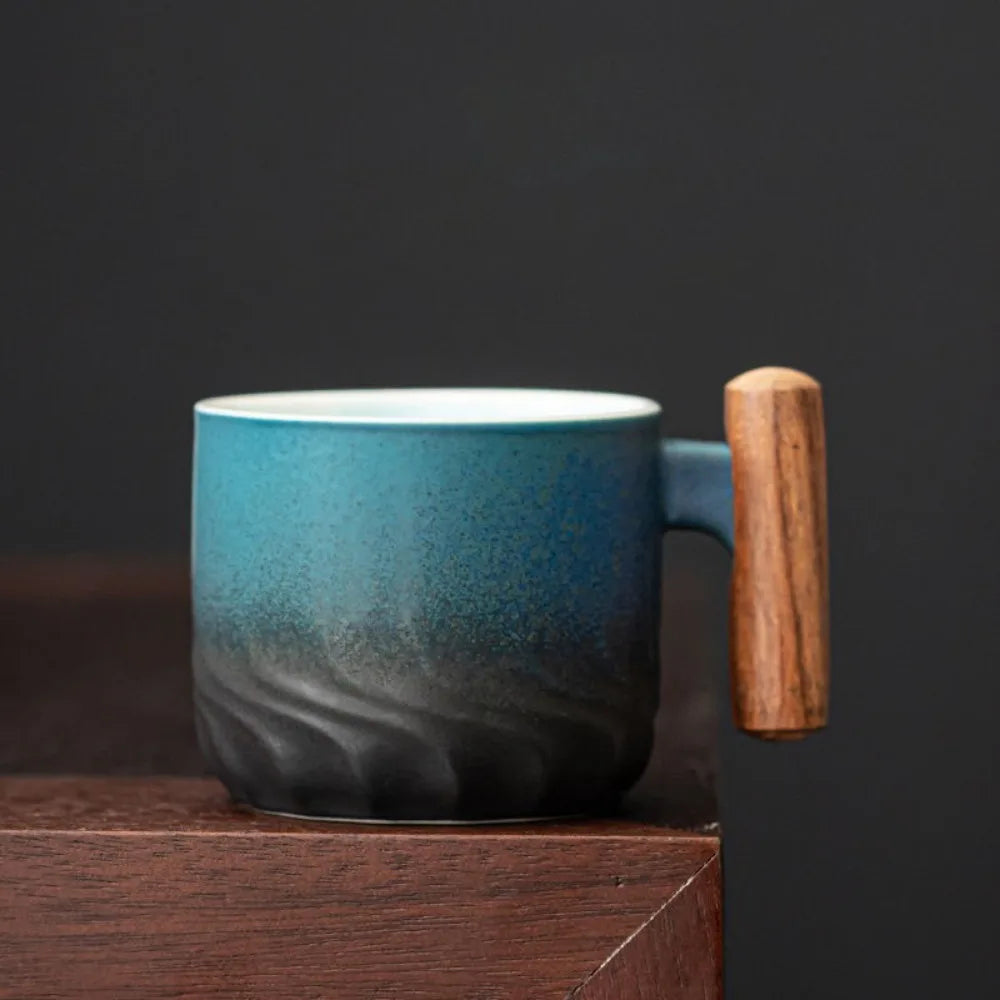 Exquisite Retro Coffee Cup Ceramic Filter Tea Mug Solid Color Gradient Glaze Wooden Handle Coffee Cup Practical Birthday Gift