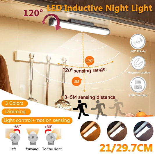 LED Motion Sensor Night Lights Rechargeable Magnetic Reading Lamp 120°Rotary Dimming Light Room Bedside Kitchen Home Decoration