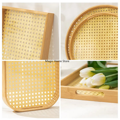 Rattan Bamboo Serving Tray with Handles Decorative Food Serving Trays Basket Serving Tray for Ottoman Coffee Table Kitchen Couch