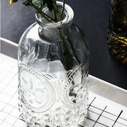 Vintage Embossed Clear Glass Bottles Flower Bud Vase Floral Arrangements Decorative Centerpiece for Home Wedding Party Event