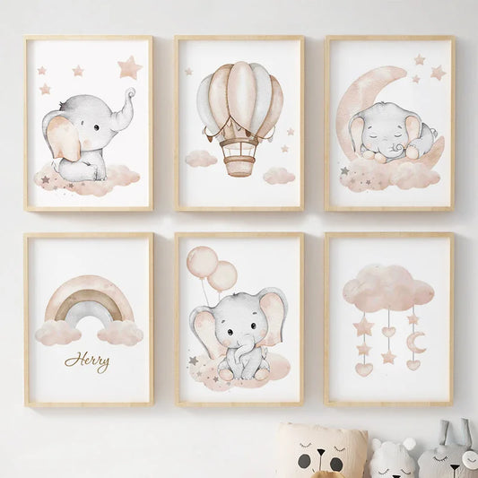 Elephant Balloon Rainbow Moon Stars Cloud Swing Baby Kids Posters For Wall Art Nursery Canvas Prints  Home Room Decor Pictures