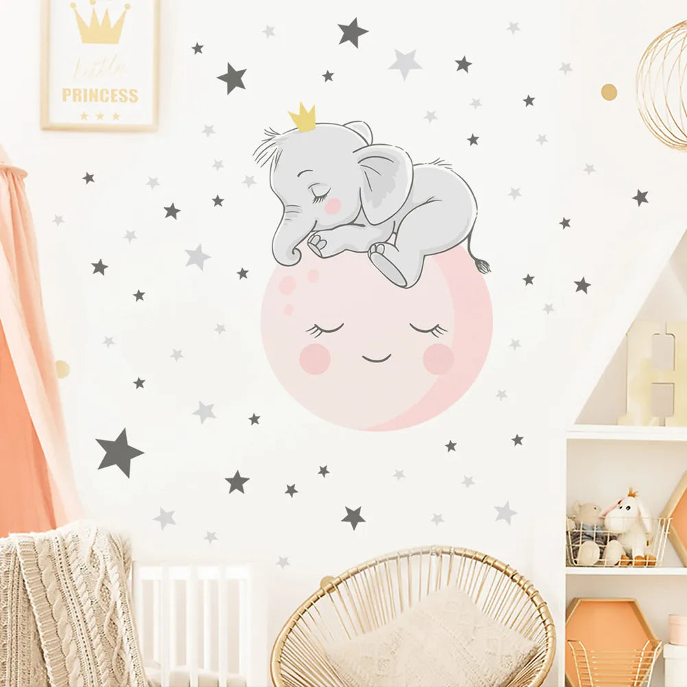 Moon Baby Elephant Sleeping Luminous Wall Sticker Baby Kids Room Bedroom Decoration Decals Glow In The Dark Home Decor Stickers
