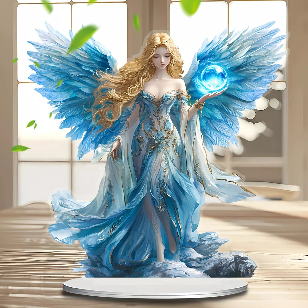 Blue Wing Ornament/guardian Angel Statue/acrylic Desktop Decoration/including Bracket, Suitable for Home and Office.