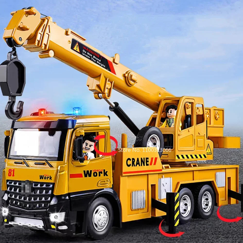 1:18 Metal Diecast Engineering Vehicles Model Toys Rubber Tires with Light＆Sound Large Crane Models for Children Education Toy