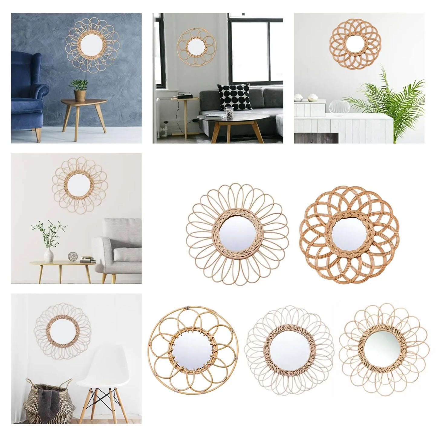 Natural Rattan Wall Mirror Small Handwoven Wicker Home Decor Bathroom Decoration Ornaments Gift