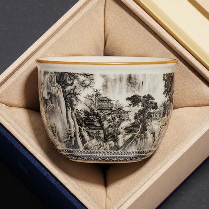 65ML Ru Kiln Ink Landscape Round Tripod Teacup, Personal High end Master's Cup, Single Cup, Opening, Nourishing Ceramic Tea Cup
