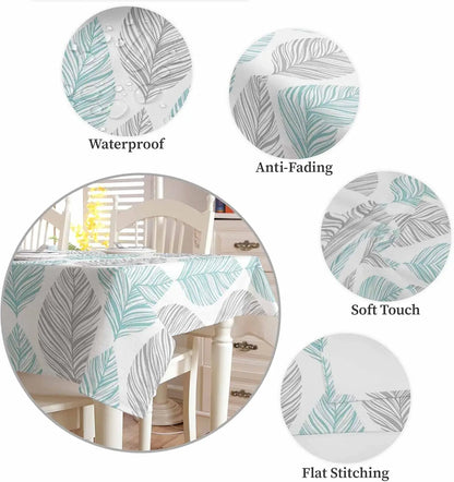 Teal Abstract Leaves Stripes Rectangle Tablecloth Holiday Party Decor Washable Kitchen Dining Table Cloths Outdoor Picnic Decor