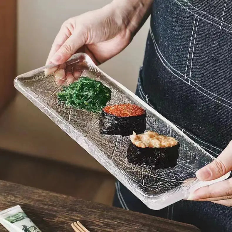 Japanese transparent glass long plate household palm print sushi plate sashimi plate cooking plate condiment dish tableware