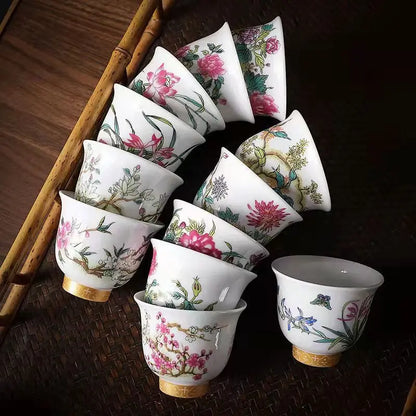 Kung Fu Tea Cup Twelve Flower Gods Set Enamel Pastel Ceramics 12 Pieces Gift Box Host’s Ceramics & Pottery Chinese Teaware Bar