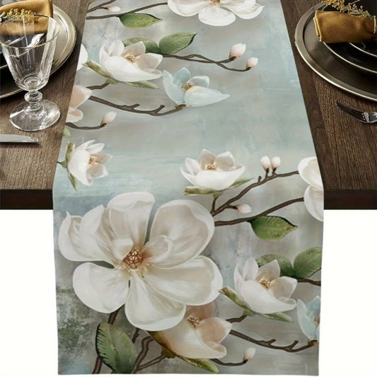 Watercolor Magnolia Flowers Linen Table Runner Home Wedding Party Decor Spring Kitchen Dining Table Runners Dresser Scarf Decor