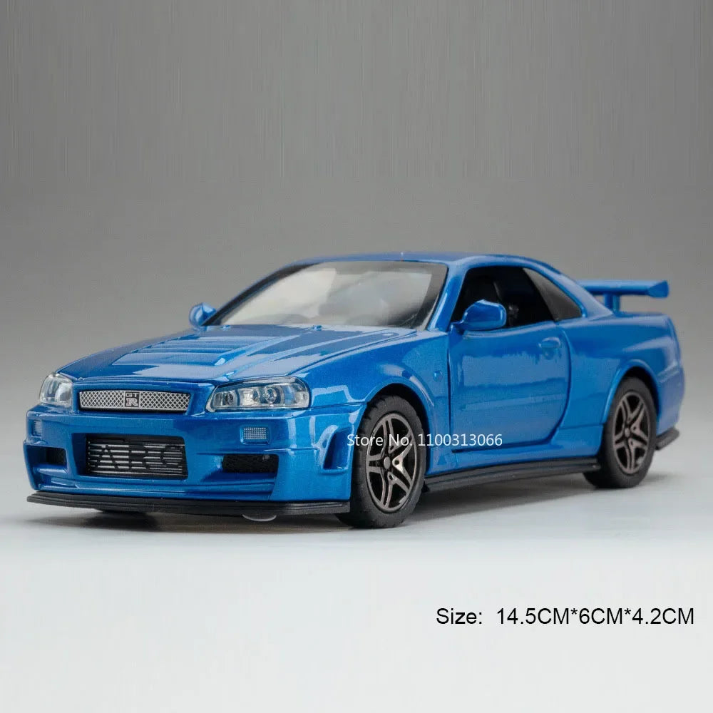 1:32 Mitsubishi EVO GTR R34 Cars Toys Alloy Diecast Models Wheel Steering Miniature Car Doors Opened Vehicles Child Adult Gifts