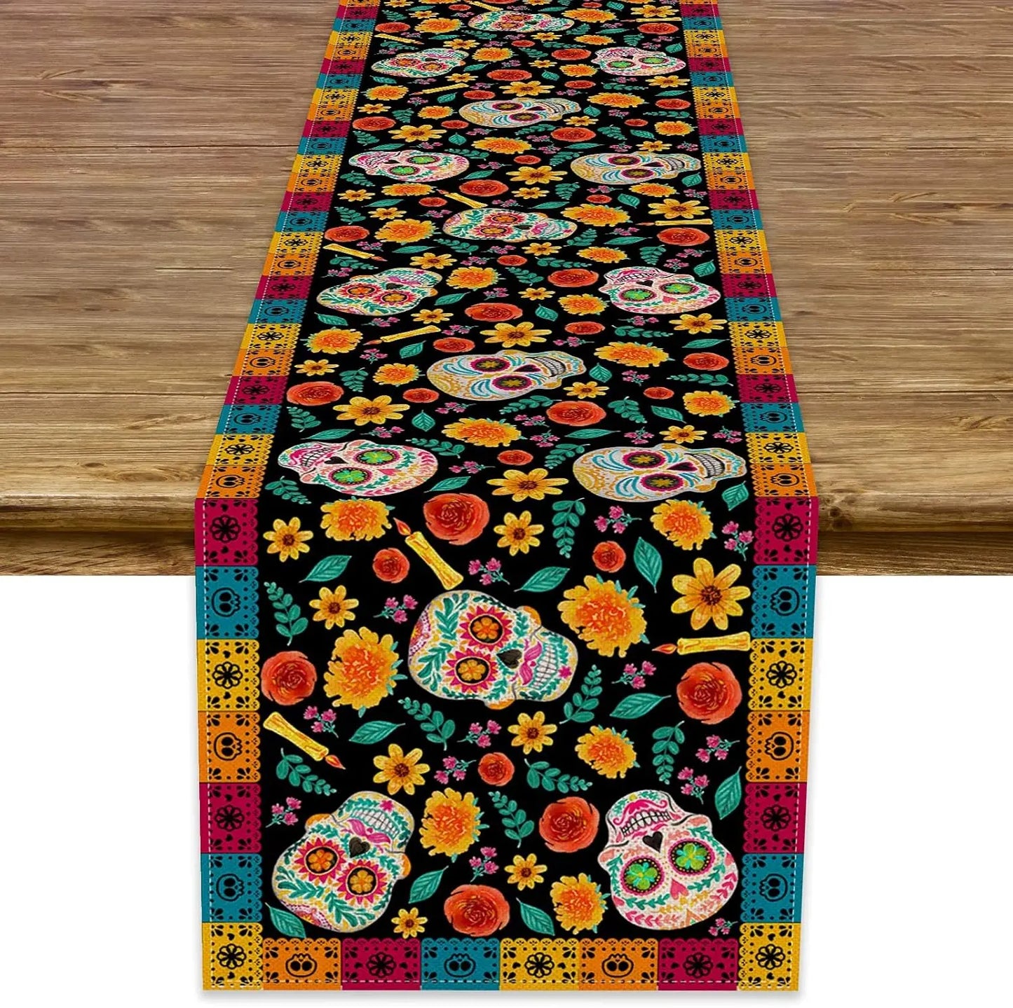 Mexican Day of The Dead Sugar Skull Linen Table Runners Mexico Fiesta Dia De Los Muertos Home Decor Halloween Theme Party Decor