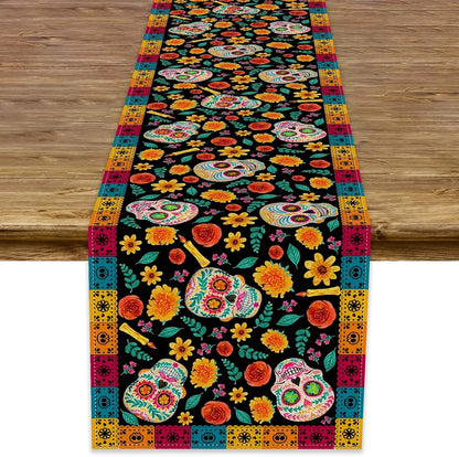 Mexican Day of The Dead Sugar Skull Linen Table Runners Mexico Fiesta Dia De Los Muertos Home Decor Halloween Theme Party Decor