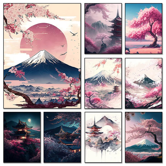 Japanese Cherry Blossom Fuji Mountain Sunset Tokyo Scenery Poster HD Printed Canvas Painting Wall Art Pictures Room Home Decor