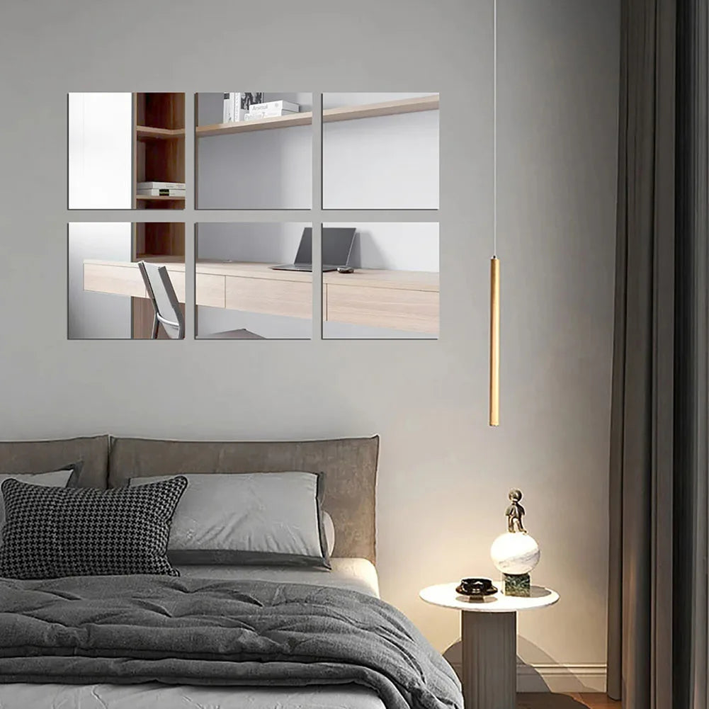 Autocollants muraux de carreaux de miroir carrés 3D, 6 pièces, 20x20cm, en acrylique argenté, autocollant auto-adhésif, décor pour salle de bains et chambre à coucher