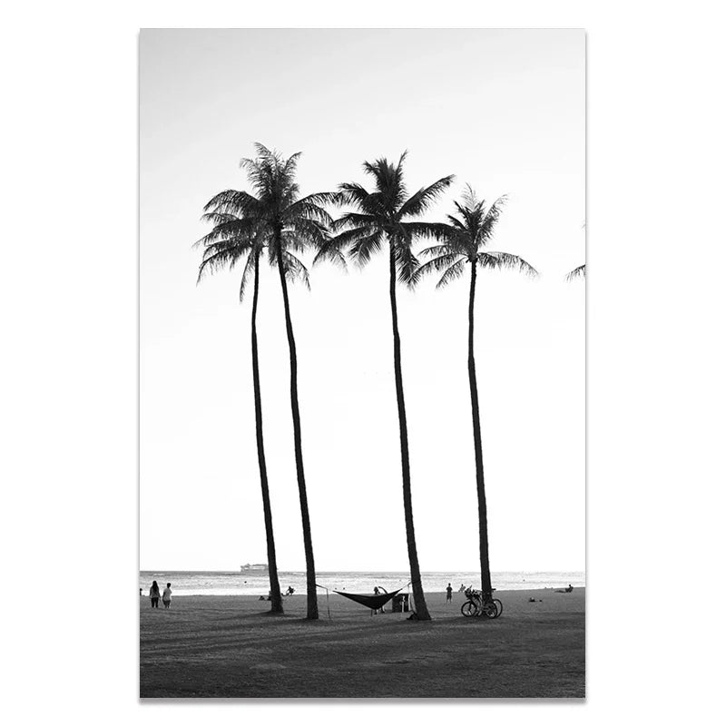 Black and White Wall Art Seascape Canvas Print Poster Beach Girl Surfboard Painting Landscape Tropical Palm Picture Home Decor