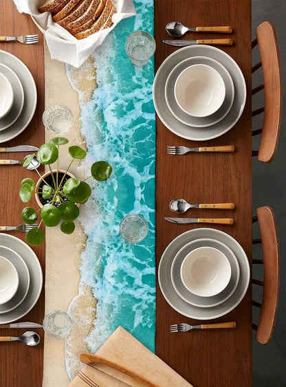 Turquoise Sea Turtle Beach Wave Linen Table Runner Holiday Party Decor Summer Ocean Turtle Table Runners for Kitchen Table Decor