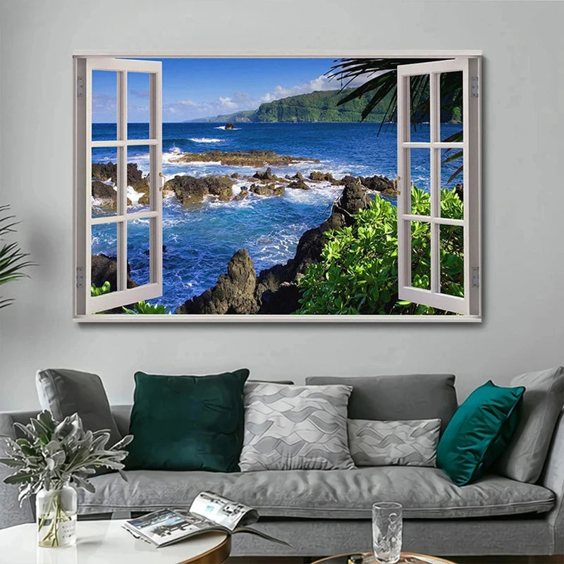 Window Effect Landscape Poster Bedroom Seascape Sea View Canvas Painting and Prints Wall Art Picture for Living Room Home Decor