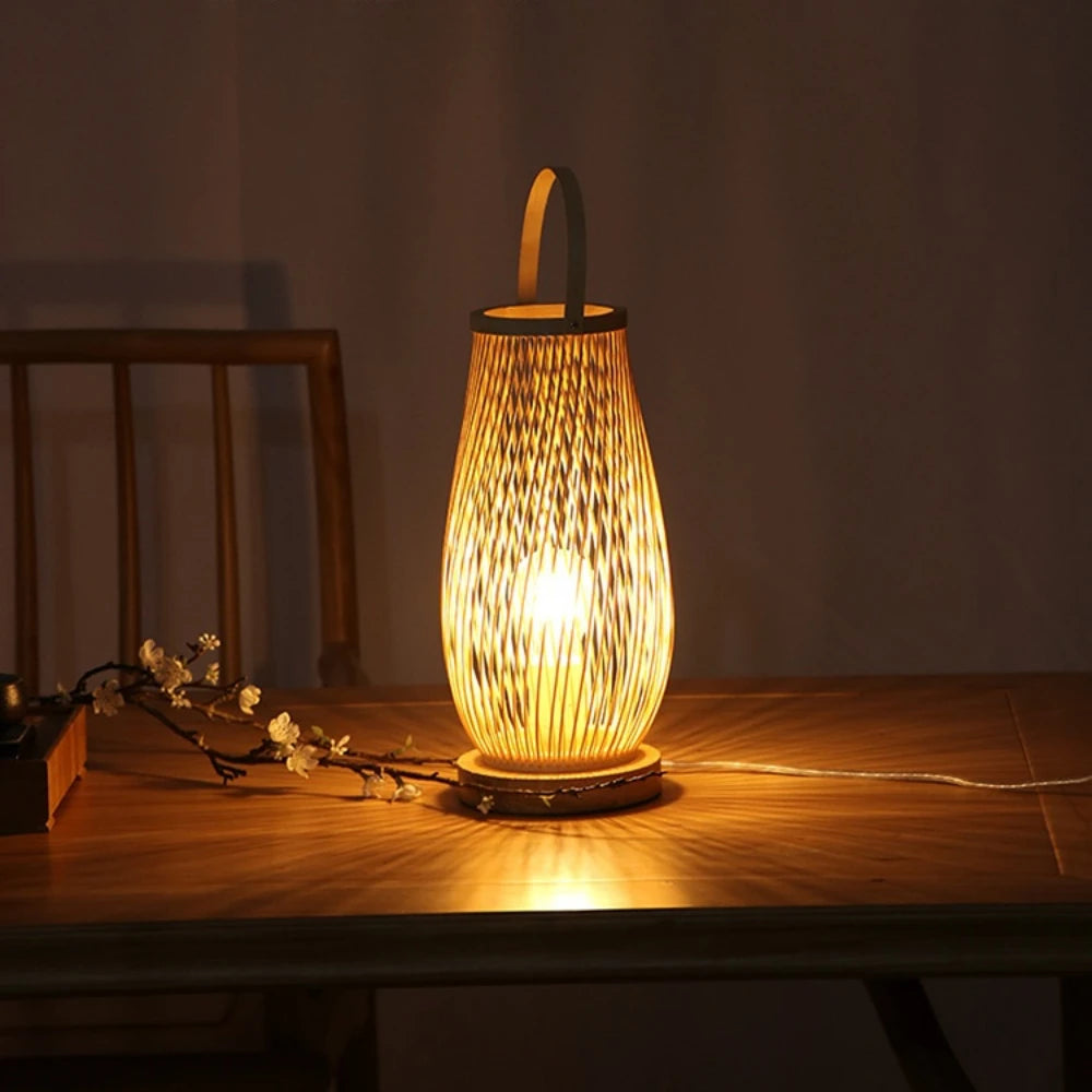 Vintage Bamboohandicraft Table Lamps Handmade Bedroom Bedside Desk Lights Living Room Decor Warm Bamboo Wood Lamp
