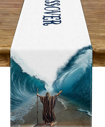 Happy Passover Linen Table Runner Dining Party Decor Moses Divided Parting The Red Sea Jewish Pesach Table Runners Party Decor