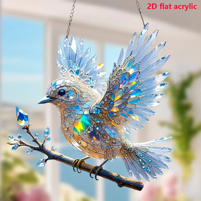 2D Pretty Bird Stained Window Hanging, Bird Art Pendant For Kitchen Livingroom Office, Halloween Fall Animal Lover Wreath Sign