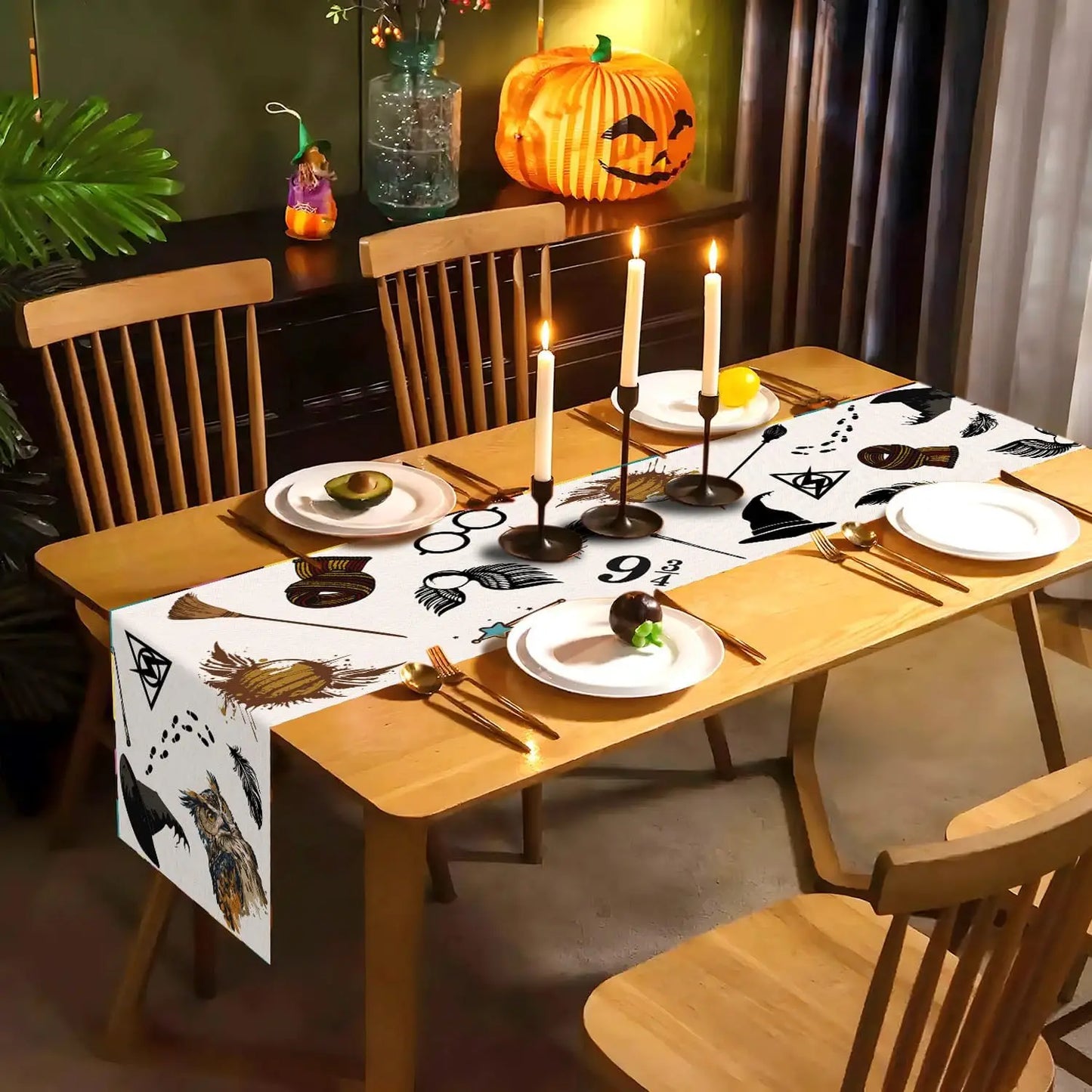 Halloween Wizard Table Runner Magical Boy Girl Birthday Linen Table Runners Party Decoration Witch Sign Kitchen Dining Decor