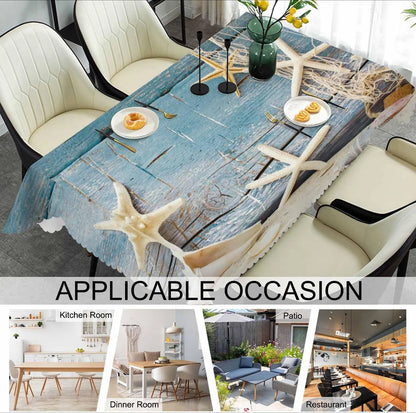 Beach Starfish Seashell Fishnet Rectangle Tablecloth Party Decor Rustic Wood Grain Waterproof Table Cloth for Dining Table Decor