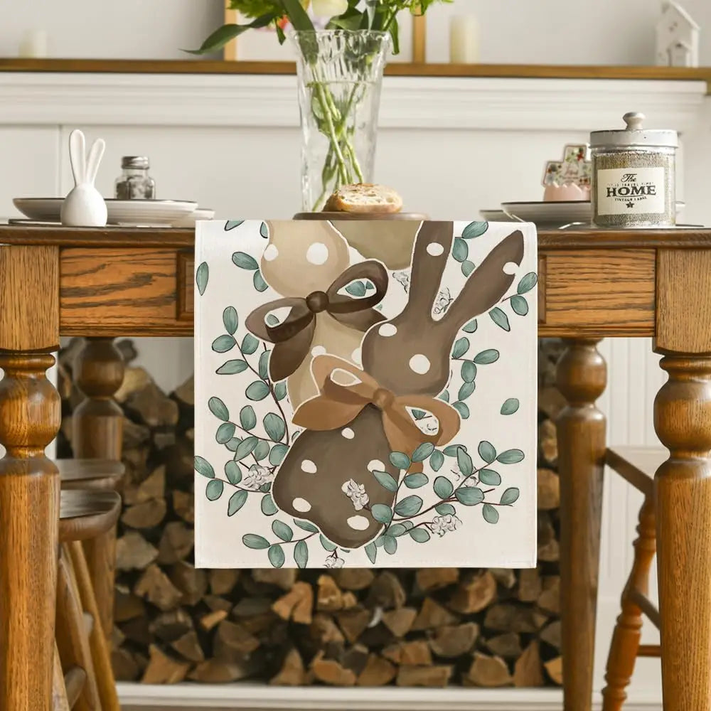 Happy Easter Eucalyptus Dot Bunny Rabbit Linen Table Runner Party Decor Seasonal Spring Kitchen Dining Table Runners Table Decor