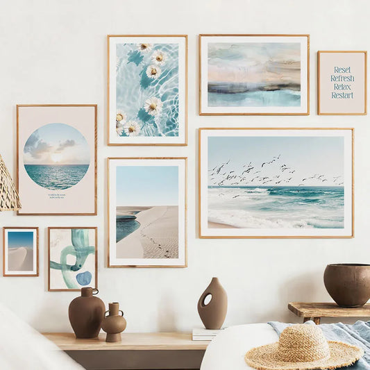 Blue Sea Beach Seagull Daisy Seascape Pop Wall Art Canvas Painting Nordic Posters And Prints Wall Pictures For Living Room Decor