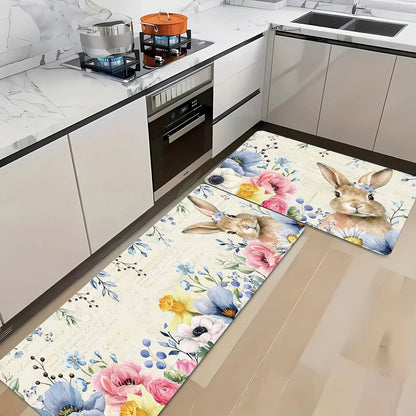 Happy Easter Spring Rabbit Flowers Kitchen Floormats Living Room Balcony Hallway Entrance Rugs Bathroom Toilet Non-slip Door Mat
