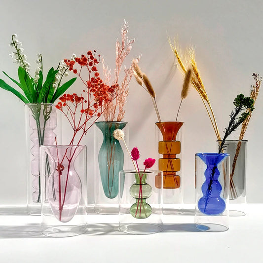 Nordic Style Vase Hydroponic Glass Vase Flower Arrangement Decorative Desktop Transparent Color Flower Pot Art Double Glass Vase