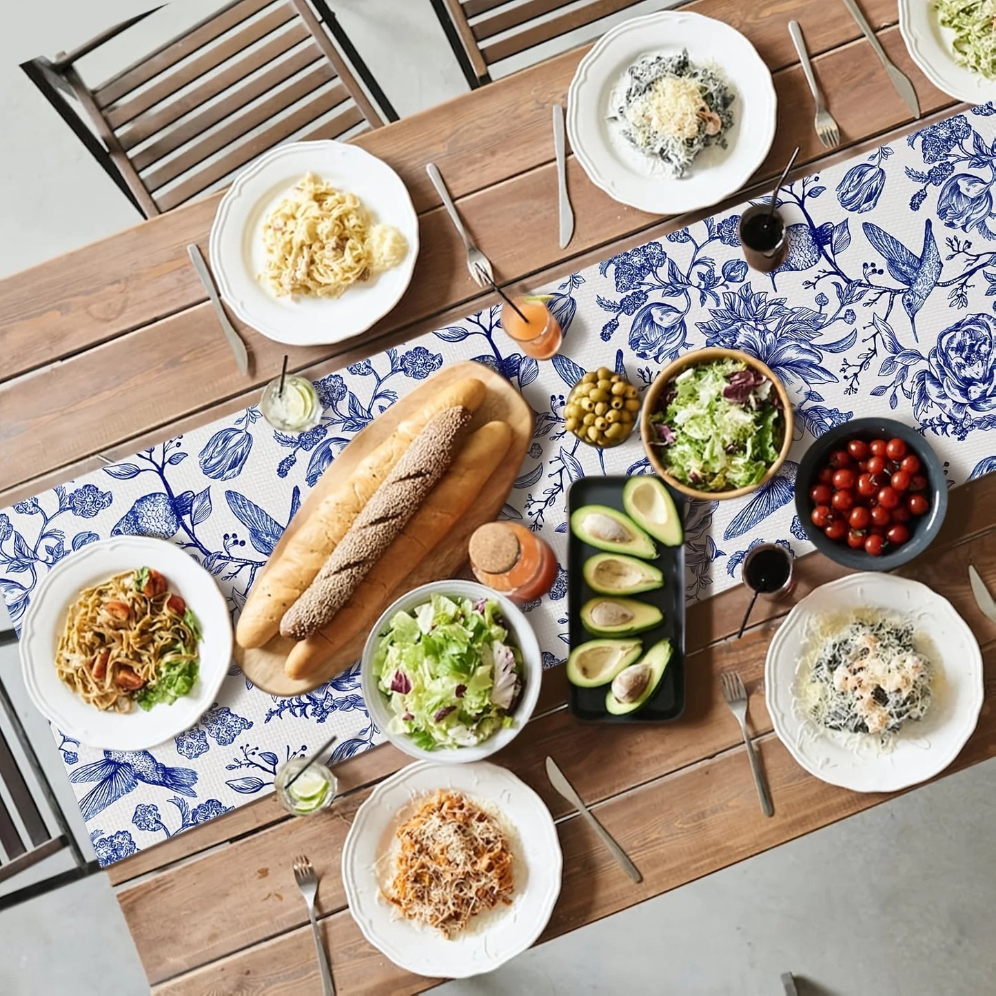 Blue White Florals Birds Monochrome Sketch Linen Table Runner Party Decor Retro Flowers Kitchen Dining Table Runners Table Decor