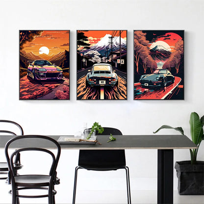Retro Car Canvas Painting Japan Mount Fuji Sunset Wall Art Landscape Posters Living Room Interior Print Pictures Home Decoration