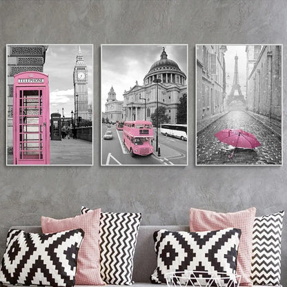 Paris Flower France City Building Posters and Prints Castle Pink and Black Wall Art Nordic Canvas Painting Pictures Room Decor