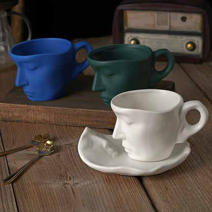 Creative Face Shape Porcelain Cup and Saucer, Tea Cup, Artistic Kiss Ceramic Coffee Mugs, Wedding Decor, 260ml