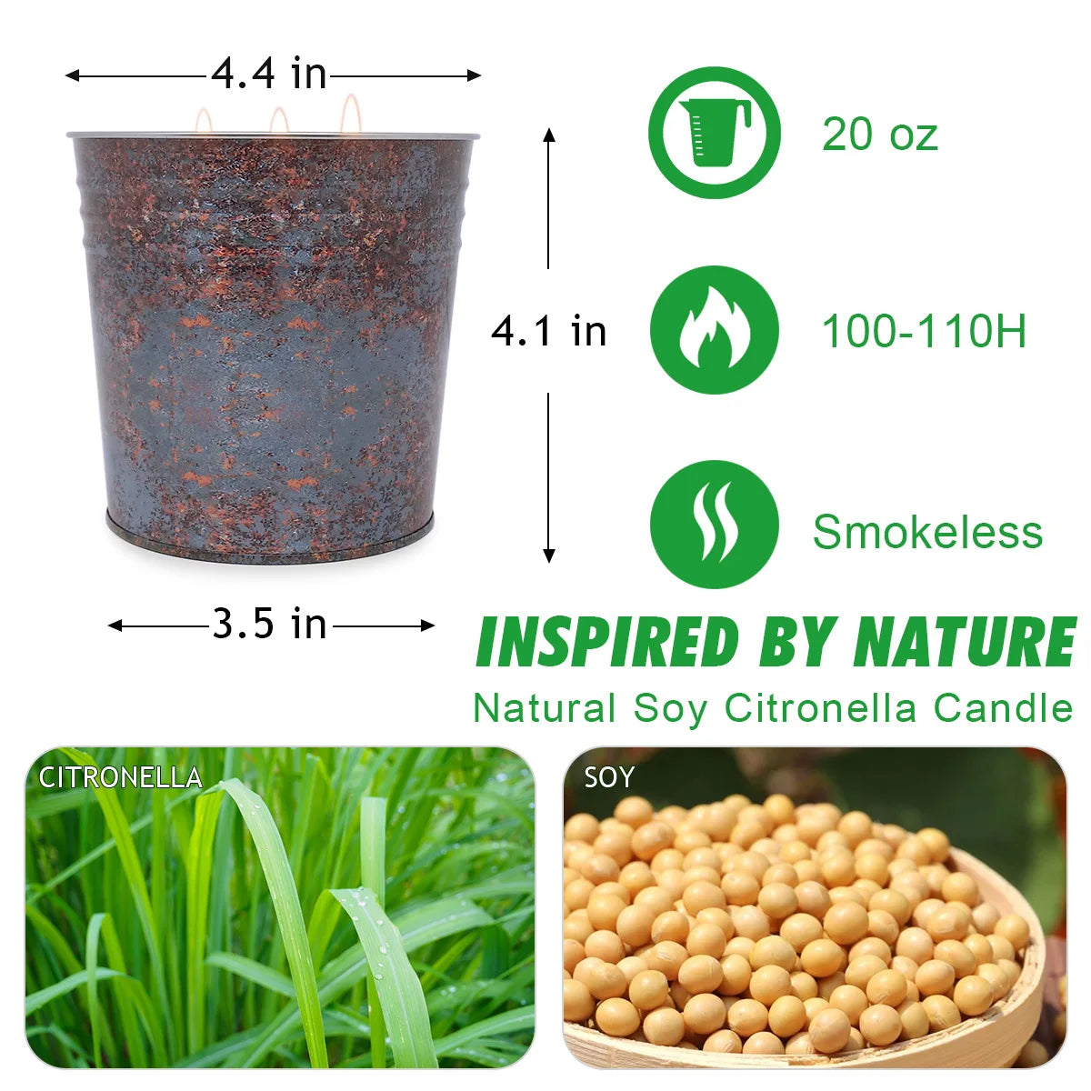 Citronella Candle Outdoor, 3 Wicks 20 OZ Smokeless Natural Smell Soy Wax Candle, 110hrs Burning Decorative Outdoor Candles