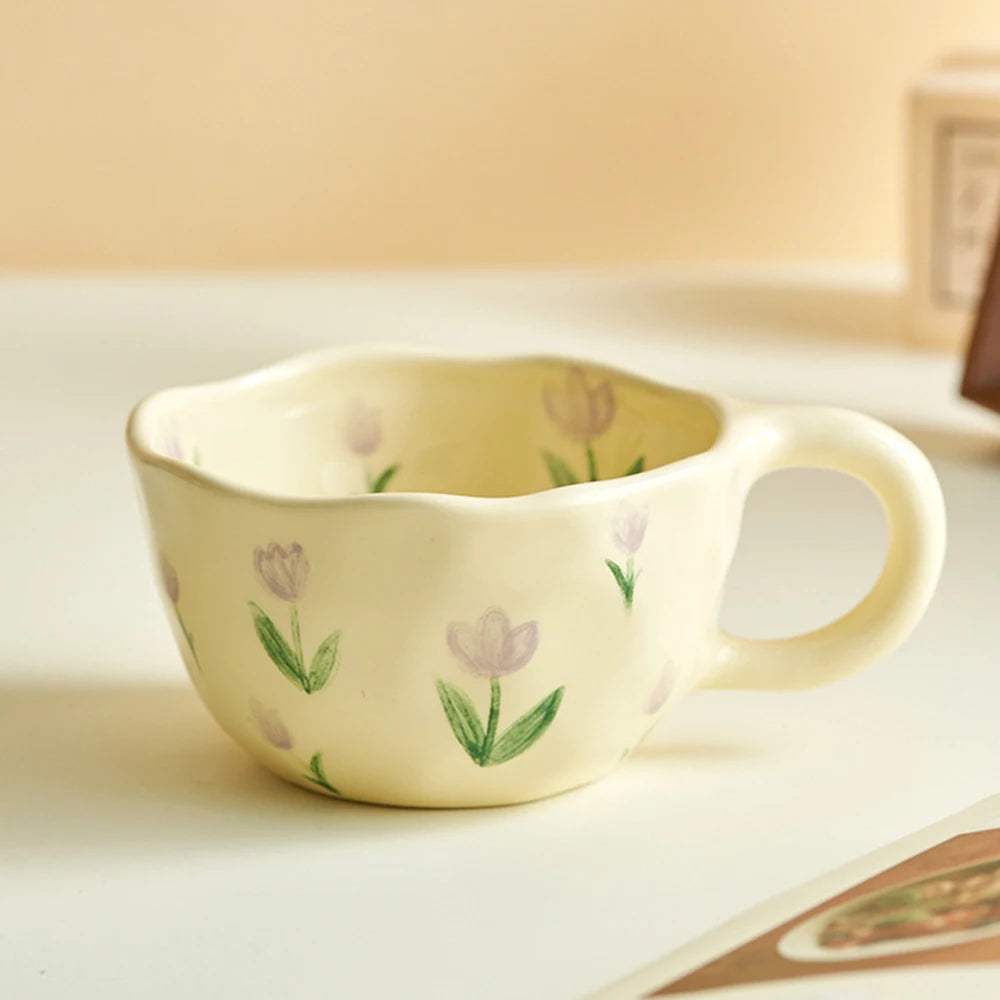Ceramic Mugs Coffee Cups Hand Pinched Irregular Flower Milk Tea Cup Ins Korean Style Oatmeal Breakfast Mug Drinkware Kitchen